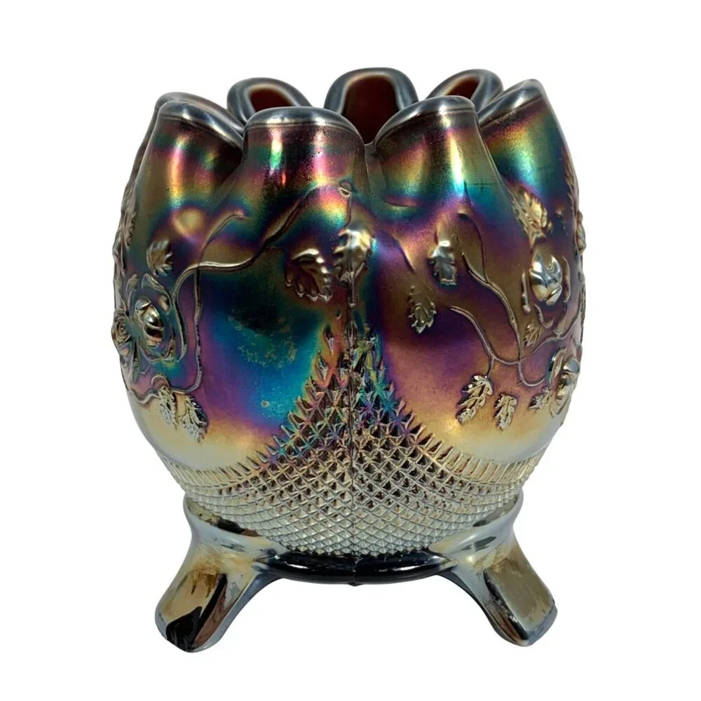 Northwood Rosebowl Fine Cut Roses Crimped Bowl Iridescent Carnival Glass Vase